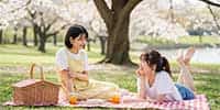観光中にシートを広げてくつろいでいる2人組の若い女性。