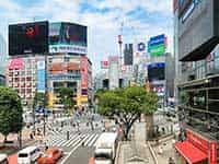 渋谷のメインエリア、スクランブル交差点を見下ろす風景。多くの商業ビルが立ち並ぶ。