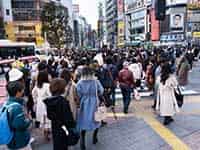 多くの人々が渋谷スクランブル交差点を渡る様子。背景には商業ビルと広告が見える。