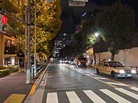 夜の柘榴坂。街路樹の葉がライトアップされ、奥には都会のビル群が見える。坂道にはタクシーが停まり、車が行き交う。