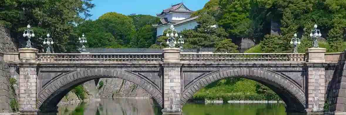 皇居内の緑の景色の中にかかる二重橋