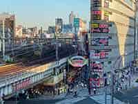 上野駅南側、鉄道の高架下にあるアメ横商店街の入り口と、活気ある街並み。