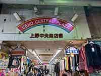 衣料品などが並ぶ店舗と、天井の照明が明るい上野中央商店街の通路。