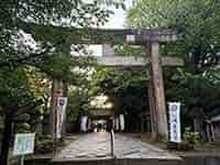 明るい日差しが差し込む中、歴史を感じさせる上野東照宮の大きな鳥居。